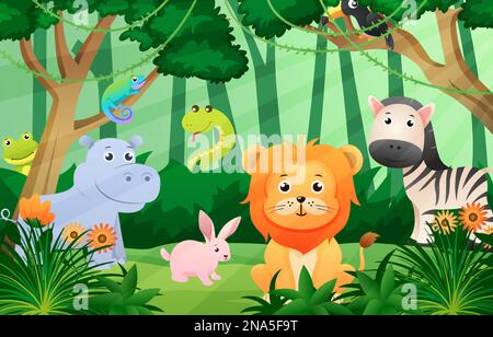 Wildtiere in Dschungelszene. Kinderstil. Vector . Stock Vektor
