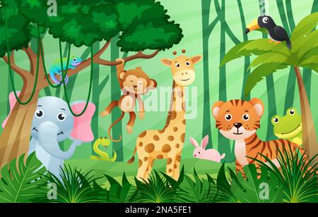 Wildtiere in Dschungelszene. Kinderstil. Vector . Stock Vektor