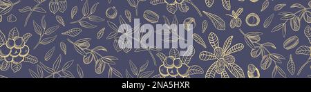 Nahtloses Muster mit handgezogenen Kosmetikpflanzen. Jojoba-Blätter und -Nüsse. Macadamia-Zweig. Argan- und Shea-Vektordarstellung. Stock Vektor