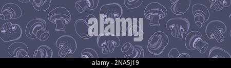 Nahtloses Muster mit handgezeichneten Champignons. Pilze auf dunkelviolettem Hintergrund. Vektordarstellung. Stock Vektor