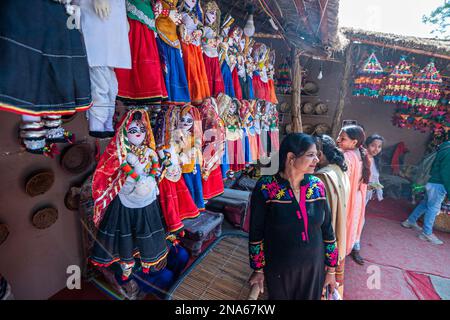 Faridabad, Indien. 12. Februar 2023. Die Puppen tragen indianische Kleidung, die 36. auf der Surajkund International Crafts Fair in Faridabad präsentiert wird. Die Surajkund Mela (Messe) ist eine der berühmtesten und berühmtesten melas (Messen) in Indien. Sie findet jedes Jahr in der ersten Hälfte des Monats Februar in Faridabad statt. Dies ist eine der berühmtesten internationalen Handwerksmela (Messe) und wird vom Tourismusministerium des Bundesstaates Haryana organisiert. Kredit: SOPA Images Limited/Alamy Live News Stockfoto