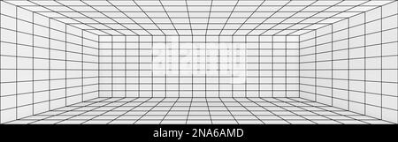 3D-Perspektive des Hintergrunds des Drahtmodellraums. Realistische Vektordarstellung des inneren Rechtecklinienrasters mit weißen Wänden, Decken, Böden und Ecken. Abstrakter virtueller Speicherplatz. Cyberdimension Stock Vektor