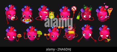 Herzcharakter mit gesundem und ungesundem Essen. Lustige menschliche innere Organe glücklich, traurig, stark, krank, mit Alkohol, burger, Gemüse und Kurzhanteln, Vektor-Zeichentrickset Stock Vektor