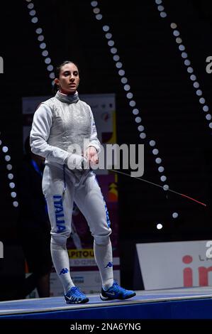 Turin, Italien. 12. Februar 2023. Italien, Turin 12. Februar 2023 Pala Alpitour FOIL GRAND PRIX 2023 Women and Men INALPI TROPHY IN TURIN Final Woman: Cipressa Enrica (ITA) (Foto: Tonello Abozzi/Pacific Press) Kredit: Pacific Press Media Production Corp./Alamy Live News Stockfoto