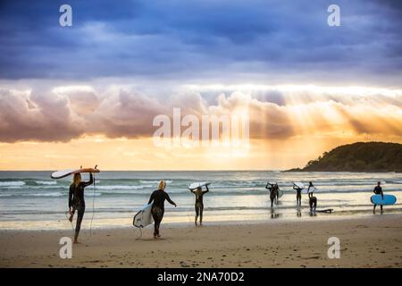 Ein wunderschöner Sonnenaufgang begrüßt die Surfer, die sich auf ein morgendliches Surfen vorbereiten und paddeln; Arrawarra, New South Wales, Australien Stockfoto