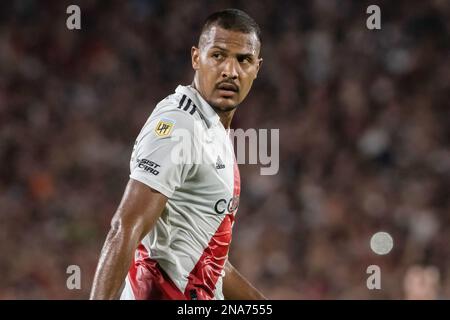 Buenos Aires, Argentinien. 12. Februar 2023. Salomon Rondon of River Plate bei einem Spiel zwischen River Plate und Argentinos Juniors im Rahmen des Liga Profesional 2023 im Estadio Mas Monumental Antonio Vespucio Liberti. Endstand: River Plate 2:1Argentinos Juniors Credit: SOPA Images Limited/Alamy Live News Stockfoto