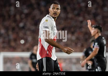 Buenos Aires, Argentinien. 12. Februar 2023. Salomon Rondon of River Plate bei einem Spiel zwischen River Plate und Argentinos Juniors im Rahmen des Liga Profesional 2023 im Estadio Mas Monumental Antonio Vespucio Liberti. Endstand: River Plate 2:1Argentinos Juniors Credit: SOPA Images Limited/Alamy Live News Stockfoto