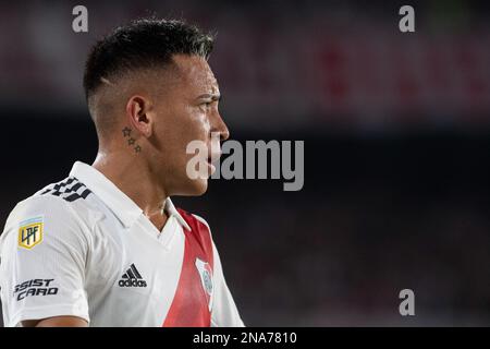 Buenos Aires, Argentinien. 12. Februar 2023. Esequiel Barco of River Plate bei einem Spiel zwischen River Plate und Argentinos Juniors im Rahmen der Liga Profesional 2023 im Estadio Mas Monumental Antonio Vespucio Liberti. Endstand: River Plate 2:1Argentinos Juniors (Foto: Manuel Cortina/SOPA Images/Sipa USA) Gutschrift: SIPA USA/Alamy Live News Stockfoto