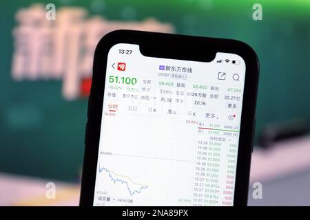 YICHANG, CHINA - 13. FEBRUAR 2023 - Auf Einem Mobiltelefon wird am 1. Februar mittags in Yichang, Provinz Hubei, China, die Schnittstelle für neue orientalische Aktienkarten angezeigt Stockfoto