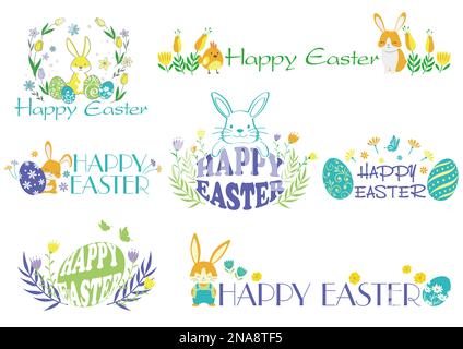 Happy Easter Vector farbenfrohes Symbol Logo mit kartoonischen Osterbunnen, Ostereiern und Blumenelementen isoliert auf weißem Hintergrund. Stock Vektor