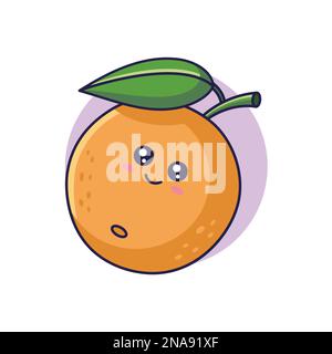 Süße Kawaii-Orange-Figur. Abbildung eines Vektorsymbols mit handgezeichneter Zeichentrickfigur. Orangefarbener Schriftzug im Doodle-Stil. Isoliert auf weißem Hintergrund. Stock Vektor