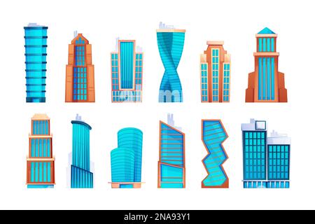 Cartoon-Wolkenkratzer. Moderne Hochtürme mit Apartments und Büros, städtischer Wohnblock mit hohen Architekturgebäuden. Vektorsatz. Outdoor-Infrastruktur, Metropolis-Sammlung Stock Vektor