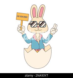 Toller Hippie Happy Ostern-Charakter. Osterhase im modischen Retro-60s 70s-Cartoon-Stil. Stock Vektor