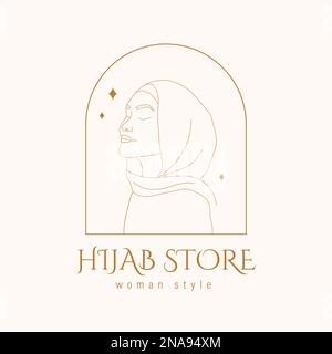 Logo-Design für Hijab Store. Abstrakte araberin mit geschlossenen Augen. Handgezeichnete weibliche Silhouette in muslimischem Kopfschmuck. Vektordarstellung in Stock Vektor