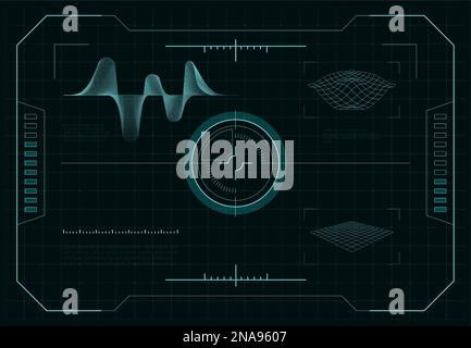 Futuristischer HUD-Bildschirm. SCI-Fi-Dashboard-Schnittstelle mit Zielzielsteuerung auf Radaranzeige, UI-Panel mit Zeiger-Cursor-Hologramm-Fadenkreuz. Vektordarstellung. Fläche wird analysiert, Position wird gesucht Stock Vektor