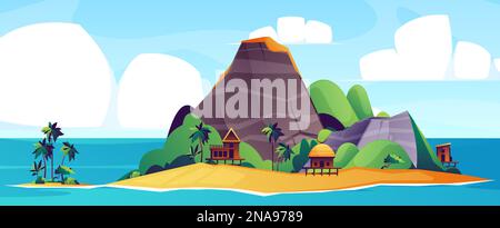 Tropischer Inselhintergrund. Meeresstrandlandschaft mit sandigen Bergpalmen, Küstenpanorama im Cartoon-Stil, Sommerurlaubskonzept. Vektordarstellung. Idyllische Küste mit Hütten in der Natur Stock Vektor