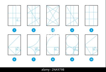 Regeln für die Zusammensetzung. Mathematische Diagramme mit geometrischen Formeln, goldenes Verhältnis und Drittelregel, fibonacci-Sequenz 1. 618 Proportionen, Bruchgeometrie. Vektorsatz. Perfekte und präzise Messung Stock Vektor
