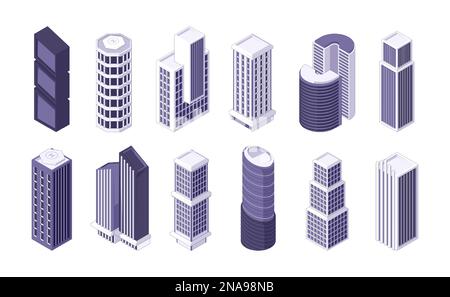 Isometrische Wolkenkratzer. Moderne isometrische Stadthäuser, Wohnwohnungen, Bürogebäude, flache Stadtlandschaft. Vektorsatz. Futuristische Häuser, ein Block von Wohnungen Stock Vektor