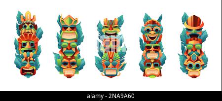 Tiki-Totems. Traditionelle primitive einheimische Gesichtsmasken, mexikanische polynesische aztekische einheimische Stammesrituelle Idole, Zeichentrickfilme ethnischer Handwerkssymbole. Vektorsatz. Zeremonielle Maskierung mit Blättern Stock Vektor