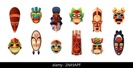 Afrikanische rituelle Masken. Traditionelle zeremonielle, menschenwürdige Totems in Form eines Stammesgesichts, indigene, folkloristische, dekorative, zoomorphe Mündungskarikaturen. Vektorflachsatz. Tropische Idole aus Holz, Kultur Stock Vektor