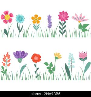 Blumensammlung mit Blättern, Blumen. Vektorblumen. Frühlingskunstdruck mit botanischen Elementen. Frohe Ostern. Stock Vektor