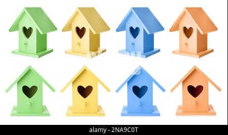 Set mit bunten Vogelhäusern auf weißem Hintergrund, Bannerdesign Stockfoto
