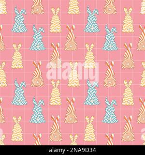 Groovy Hippie Happy Easter Nahtloses Muster. Osterhintergründe im trendigen Retro-60s 70s-Cartoon-Stil. Stock Vektor