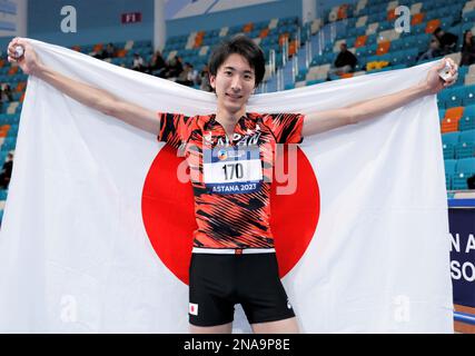 Astana, Kasachstan. 12. Februar 2023. Akamatsu Ryoichi Japan feiert nach dem High-Jump-Finale der Männer bei den 10. Asian Indoor Athletics Championships in Astana, Kasachstan, am 12. Februar 2023. Kredit: Kalizhan Ospanov/Xinhua/Alamy Live News Stockfoto