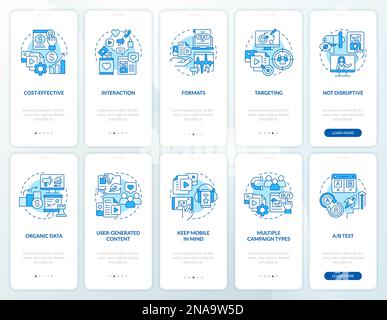 Vorteile und Tipps für SMM blaue Bildschirme für das Onboarding von mobilen Apps Stock Vektor