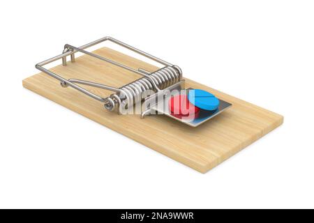 Mausefalle und Tabletten auf weißem Hintergrund. Isolierte 3D-Abbildung Stockfoto