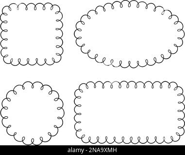 Doodle Circle und quadratische Muschelrahmen. Handgezeichnete Rechteck- und Ellipsenformen mit ausgekrümmten Kanten. Einfaches Etikettenformular. Rahmen aus Blumenspitze Stock Vektor