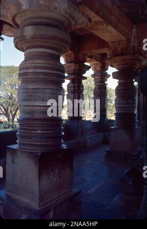 Die Tempelstrukturen in Halebidu sind voller schöner Schnitzereien, in denen verschiedene Tänzer Vögel und Tiere darstellen. Der Ort wird bewundert für seine komplexe Hoysala Architektur, winzige und komplexe Schnitzereien, die detailreich verzierten Tempel, erstaunliche Skulpturen mit metallartiger Politur und vieles mehr. An den Wänden befinden sich etwa tausend Figuren, die Szenen von Mahabharata und Ramayana darstellen. Der Tempel wurde als herausragendes Beispiel für hinduistische Architektur beschrieben. Stockfoto