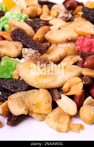 Mehrfarbige getrocknete Früchte Nahaufnahme Hintergrund oder Textur Stockfoto