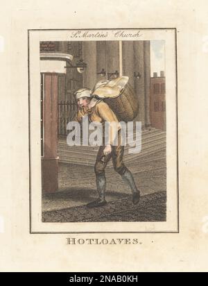 Baker verkauft Brot vor St. Martin's Church, London, 1805. Baker in Jacke und Hose, läutet eine Glocke und verkauft heiße Brote aus einem Korb. Säulenportico der St. Martin-in-the-Fields-Kirche, Trafalgar Square. Handfarbene Kupferplatte mit Gravur von Edward Edwards nach einer Veranschaulichung durch William Marshall Craig aus "Description of the plates repräsentieren the Itinerant Traders of London", Richard Phillips, No. 71 St Paul’s Churchyard, London, 1805. Stockfoto