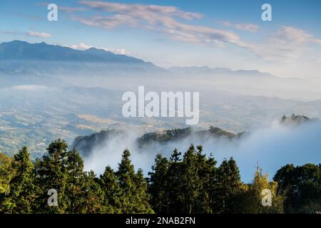 Die Täler und Berge sind von Nebel umhüllt. Üppige Hügel. Weit weg vom Gipfel des Berges. Dahu Township, Miaoli County, Taiwan Stockfoto