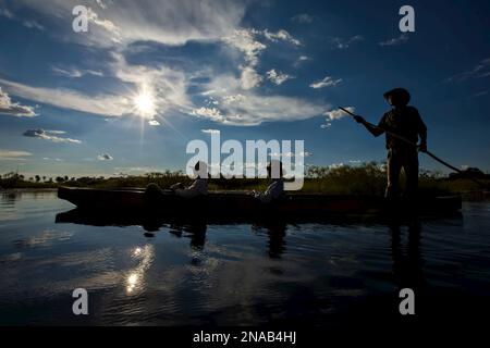 MODELL VERÖFFENTLICHT: Mocorro, traditionelles Kanu, Wasserlilien (Nymphaea nouchali, Xigera Camp, Wilderness Safaris, Moremi Game Reserve, Okavango Delta, Bot Stockfoto