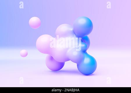 3D Abbildung eines transparenten Metaballs mit einer großen Anzahl von Teilen auf pinkfarbenem Hintergrund. Digitaler Metaball-Hintergrund des Fliegens, das in den Ozean überfließt Stockfoto