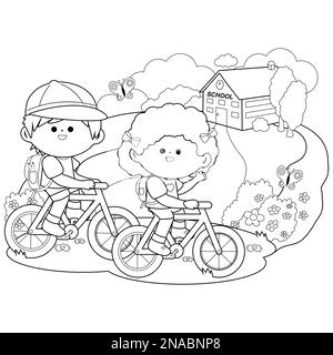 Kinder, die mit dem Fahrrad zur Schule fahren. Schwarzweiß-Farbseite Stockfoto