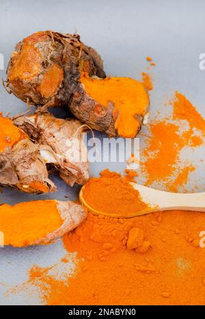 Kurkuma-Rhizome und Puder liegen flach auf Grau mit Kopierbereich Stockfoto