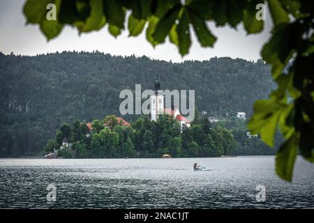 Bled See mit Blick auf die Kirche der Himmelfahrt von Maria und ein Mädchen auf einem Paddleboard, in einem Rahmen von Blättern am Sommertag. Naturhintergrund. Stockfoto