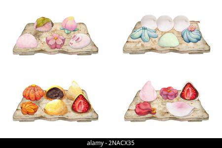 Wasserfarbenes, nahtloses Muster mit handgezeichneten traditionellen japanischen Süßigkeiten. Kompositionen mit Herbstwagashi. Isoliert auf weißem Hintergrund Stockfoto