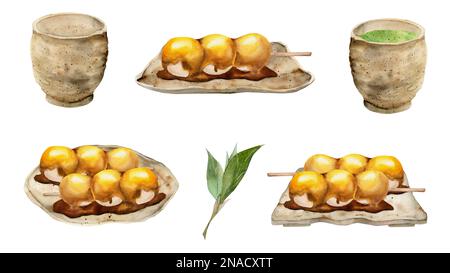 Wasserfarbenes, nahtloses Muster mit handgezeichneten traditionellen japanischen Süßigkeiten. Kompositionen mit Herbstwagashi. Isoliert auf weißem Hintergrund Stockfoto