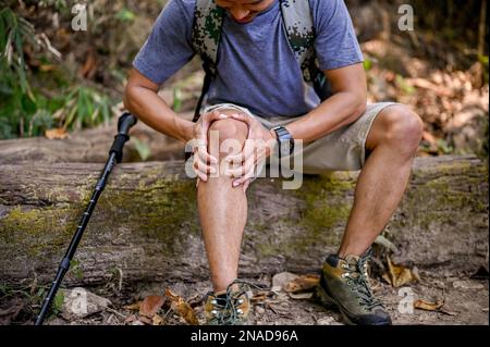 Gekürztes Bild eines gestressten asiatischen männlichen Trekkers sitzt auf einem Holzstamm und hält sein Knie, leidet an Knieschmerzen, starken Beinschmerzen, verletzt während Trai Stockfoto