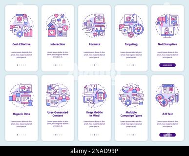 SMM-Vorteile und Tipps für das Onboarding von Bildschirmen für mobile Apps Stock Vektor