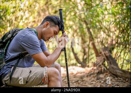 Müder und erschöpfter männlicher asiatischer Reisender mit Wanderausrüstung sitzt auf Holzholz und ruht sich während der Wanderung im Wald aus. Stockfoto