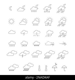 Wetter. Eine Reihe von Symbolen für meteorologische Symbole. Vector für Websites, Anwendungen und Webdesign. Eine leere Kontur Stock Vektor