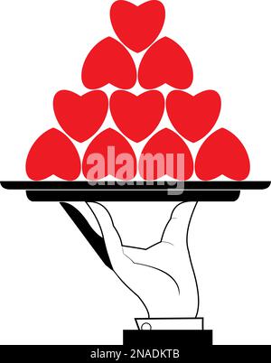 Hand und ein Tablett voller Herzen. Eine Hand, die einen Teller voller Herzen hält. Isoliert auf weißem Hintergrund Stock Vektor