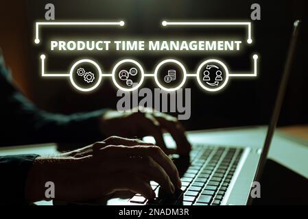 Konzeptionelle Überschrift Product Time Management, ein Wort zum Verfahren zur Messung der Eigenschaften oder Leistung von Produkten Stockfoto