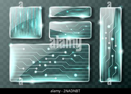 Glastechnologie-Mikroschaltungs-Banner, realistischer Vektorsatz. Transparente Glasplatten mit Metallwegen und Chromrahmen, rechteckige glänzende Platten mit Schein und Reflexionen, isolierte Illustrationen Stock Vektor