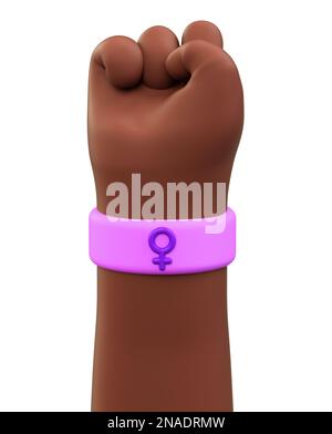 Isolierte erhobene Faust einer schwarzen Frau mit weiblichem Symbol auf dem Armband für den internationalen Frauentag und feministischer Aktivismus im 3D. Bild. März 8 A Stockfoto